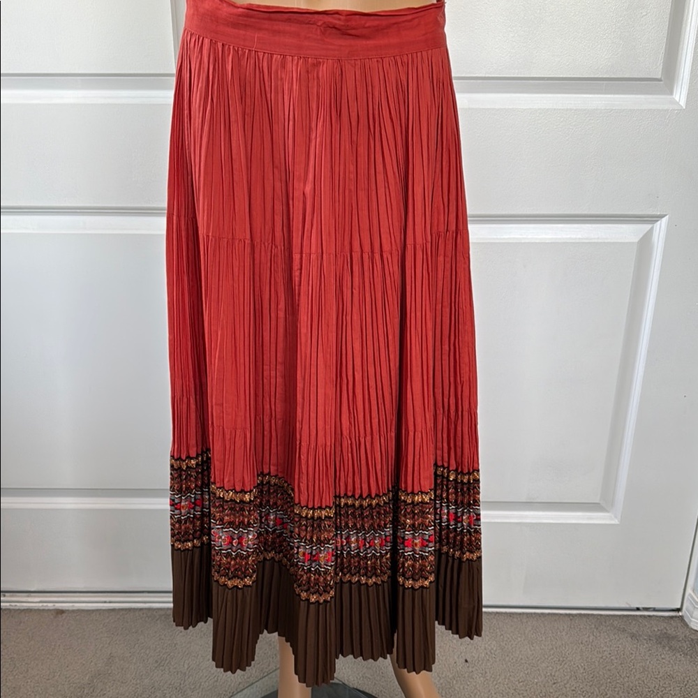 Bohemian burnt orange brown gold threaded pleated midi maxi skirt S M ethnic